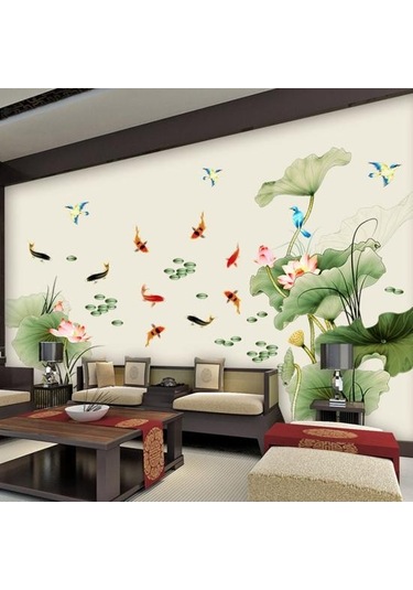 2 Adet/takım Duvar Sticker Çin Tarzı Su Geçirmez Kendinden Yapışkanlı Lotus Sazan Uçan Kuşlar Arka Plan Etiket Yatak Odası Dekoru Diğer