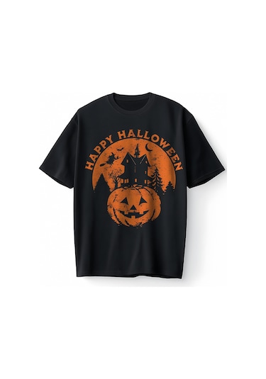 Bumeta Happy Halloween Oversize Unisex Tişört T-shirt Siyah
