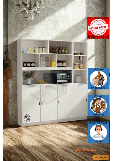 Tamamı Mdf Çok Amaçlı 4 Kapaklı Açık Raflı Kiler Dolabı Mutfak