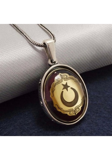 Çift Taraflı Ayyıldız Ve Tuğra Figürlü Gümüş Kehribar Kolye Gümüş