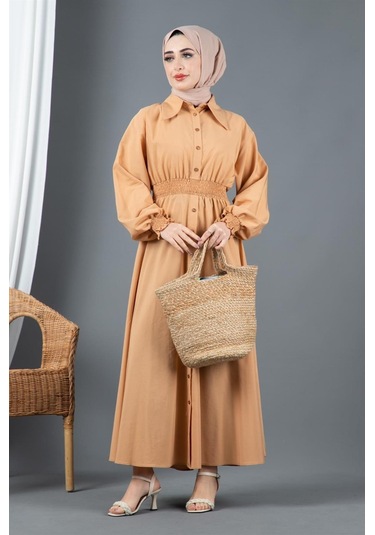 Sevitli Kemer Detaylı Elinna Elbise-camel-1568-camel Camel