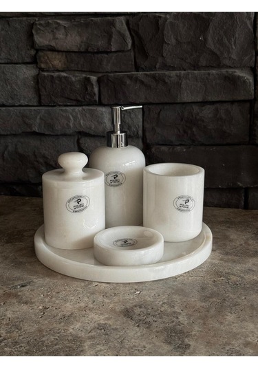 Beyaz Mermer Gümüş Pompalı, Pamukluk Kendinden Tutmalı 5'li Set Beyaz