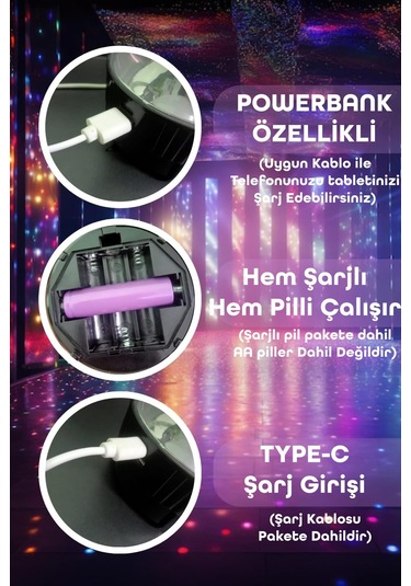 Şarjlı Rgb Projeksiyon Gökyüzü Gece Lambası Kamp Feneri Işıldak Powerbank Özellikli Pilli M001 Renkli