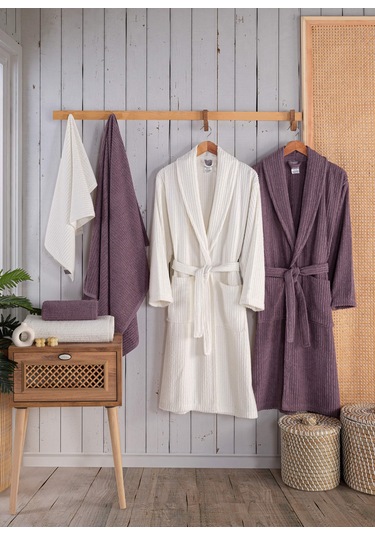 Newhome Alfa 6 Parça Kutulu %100 Pamuk Lüx Aile Bornoz Seti Mürdüm-krem Karışık