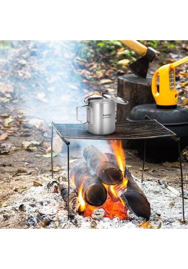 Aomiun 750ml Paslanmaz Çelik Tencere Taşınabilir Su Kupa Bardak Kapaklı Ve Katlanabilir Saplı Dış Mekan Gümüş