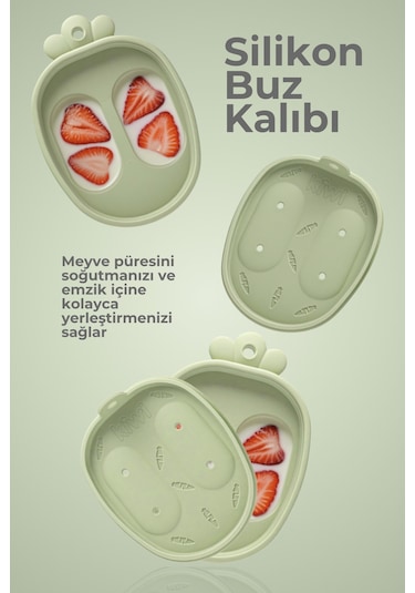 Kiwi Passy Püre Emzik Ve Diş Kaşıyıcı Bebek Meyve Süzgeci+buz Kalıbı- Olive