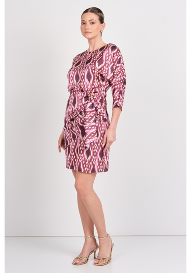 Explosion Kadın Desenli Belde Toka Detaylı Mini Elbise 7874 Bordo Bordo