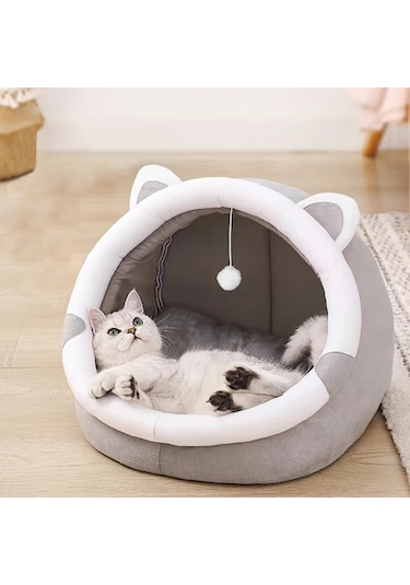 Honeybeeshop Katlanabilir Taşınabilir Küçük Ayı Karakterli Kedi Mağarası Rahat Süngerli Kedi Evi Yatağı