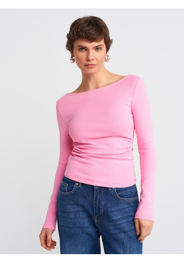 Dilvin 31401 Büzgülü Kayık Yaka Top-pembe Pembe