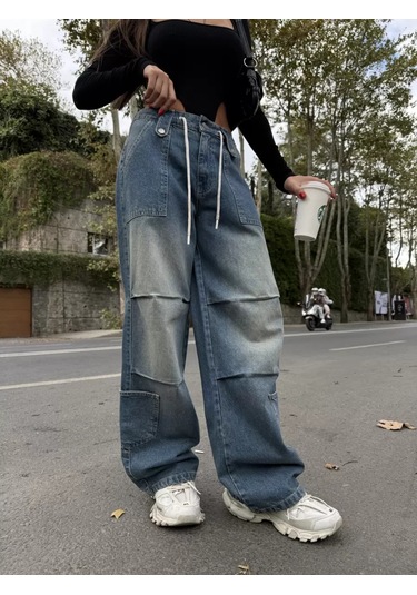Paradise Venedik Bağcıklı Oversize Cargo Jean - Vintage Mavi Çok Renkli
