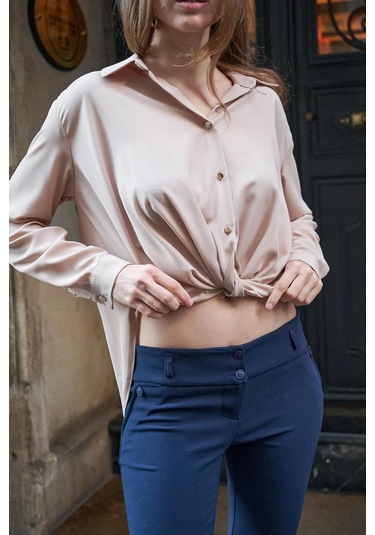 Yakalı Önü Pileli Uzun Kol Likrasız Şık Kumaş Gömlek-Kum Beji Kum Beji