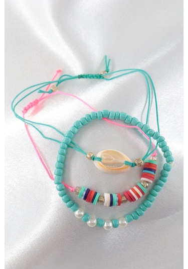 3lü Deniz Kabuğu İncili Boncuklu Asansörlü Lastikli İp Bileklik. Kadın İp Bileklik Halhal Çok Renkli