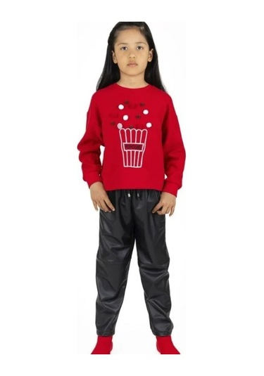 Kız Çocuk Popcorn Baskılı Sweatshirt-13493 Kırmızı
