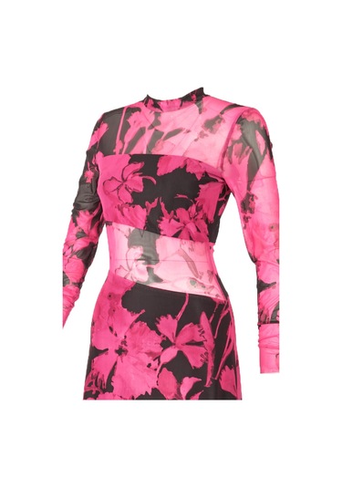 Explosion Uzun Kol Midi Şeffaf Elbise - Çiçek Desenli - Bohemian Stil Fuşya