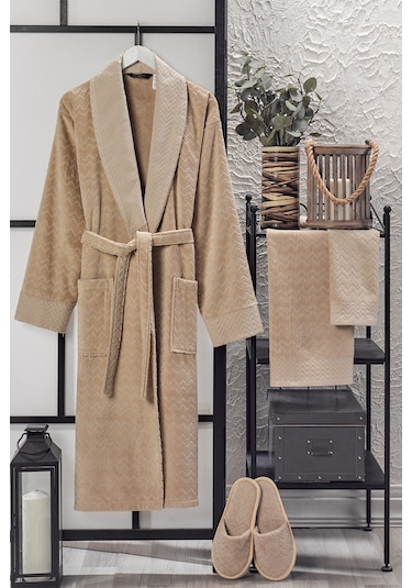 Ansaaj Kadife Jakarlı 4 Parça Bornoz Takımı Sütlü Kahve L