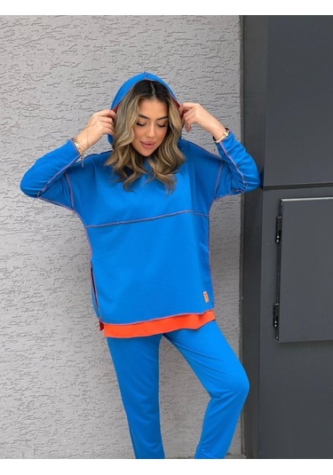 Modaserdem Kadın Indigo Kapşonlu Etek Ucu Detay Arma Ters Dikiş Gorunumlu Ikili Takım Mavi