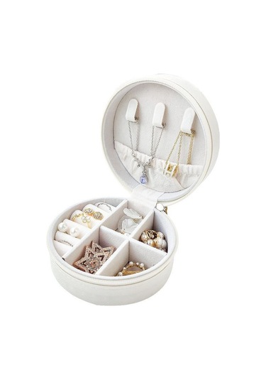 Chavin Beyaz Deri Seyahat Yüzük Küpe Kolye Takı Kutusu St1-68by