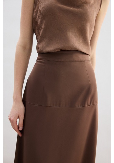 Sateen Yüksek Bel Saten Etek - Kahve-136782 Kahve