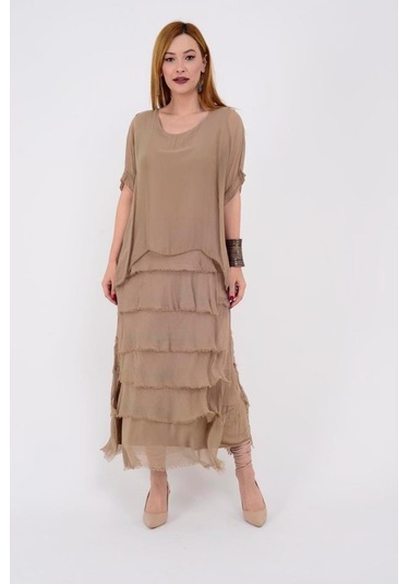 İtalyan 2 Beden İnce Gösteren Yarım Kol Kat Kat Ipek Elbise Camel