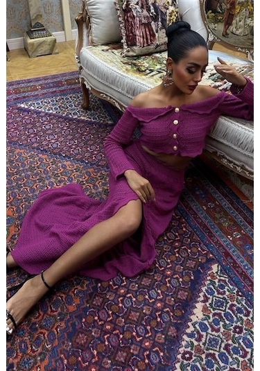 Madonna Yaka Derin Yırtmaç Etekli Şık Triko Takım 10099 Mürdüm