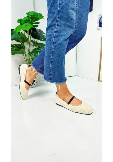 Günlük Kadın Babet Peluş Lastikli Oval Burunlu Alçak Topuklu Tırtıklı Tabanlı Ayakkabı 369 Bej