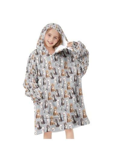 Cat Desenli Çocuk Giyilebilir Battaniye Hoodie, Oversize Kalın Polar, 6-13 Yaş-a60 Cat Variety Gray