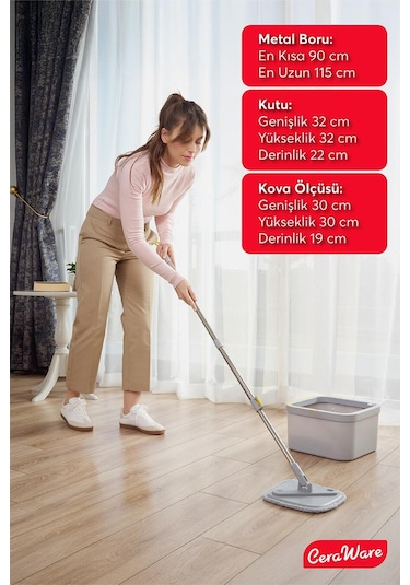 Ceraware Temiz İle Kirli Suyu Ayıran Kare Mop +2 Yedek Bez Hediyeli Otomatik Hijyen Temizlik Seti
