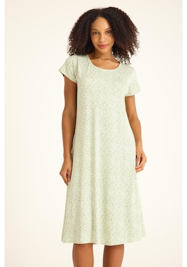 Dökümlü Rahat Kalıp Günlük Penye Kumaş Elbise Yeşil