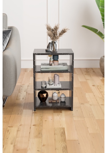 4 Raflı Komodin Yatak Odası Yanı Komodin Bölmeli Komodin Siyah