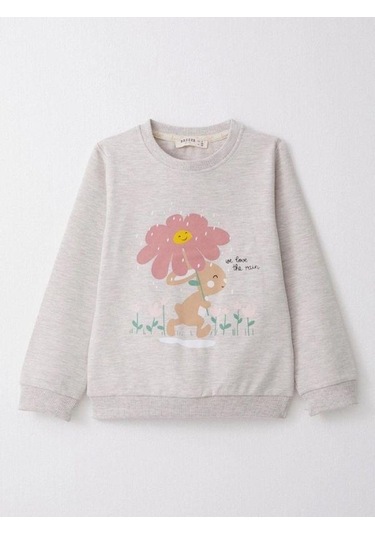 Kız Çocuk Çiçek Desenli Pamuklu Eşofman Takım-14584 Gri