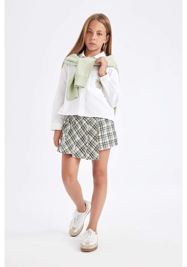 DeFacto Kız Çocuk Beli Lastikli Pileli Ekose Şort Etek C7296A824AUGN1116 Yeşil