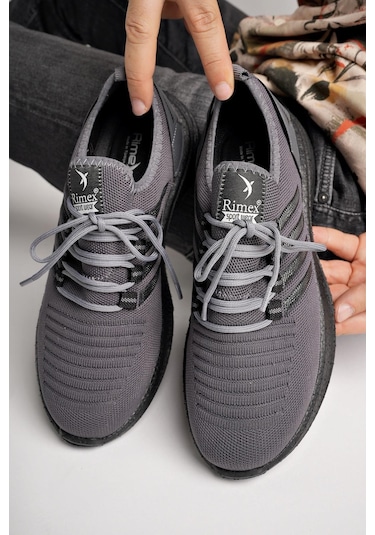 Muggo Montag Garantili Günlük Ortopedik Kaymaz Taban Bağcıklı Çizgili Erkek Sneaker Spor Ayakkabı Füme