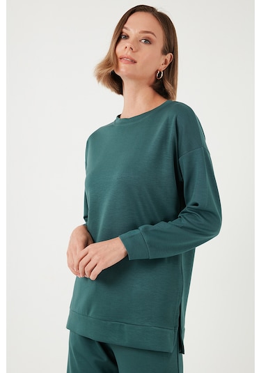 Lela Streç Oversize Fit Bisiklet Yaka Modal Kumaş Bayan Sweat 5865877 Nefti