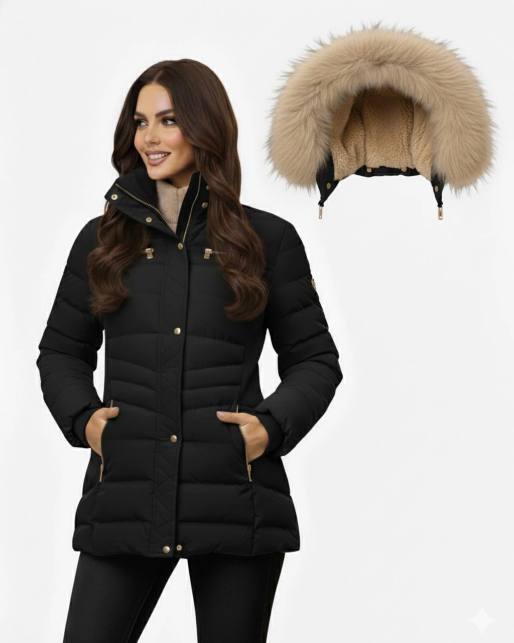 Kadın Büyük Beden Spor Kapüşonlu İçi Peluş Mont M5306 Bgl-st04892 Siyah