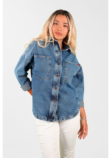Oversize Kadın Jean Ceket Mavi