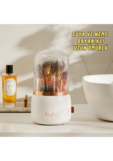 Masaüstü Makyaj Fırçası Ve Kozmetik Düzenleme Kutusu Organizer Bölmeli Dönebilen Bej