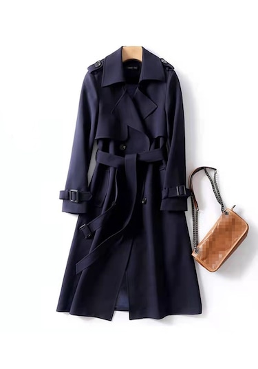 Uzun Moda İngiliz Tarzı Şık Tesettüre Uygun Dış Giyim Kadın Ceket Lacivert