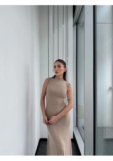 Kolsuz Yarım Bogazlı Uzun Elbise- Bej BEJ