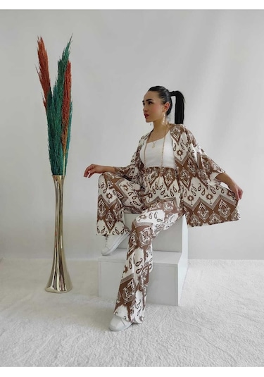 İpli Kahverengi Desenli Ikili Kimono Takım Rahat Kalıp Kahverengi