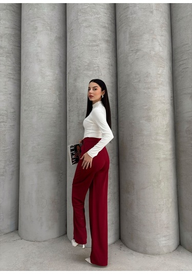 Kadın Likralı Cırt Kapama Lacivert Geniş Paçalı Rahat Palazzo Pantolon Bordo