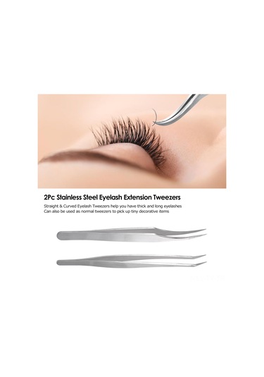 Teltree "2'li Paslanmaz Çelik Kirpik Uzatma Maşası Seti - Düz Ve Kavisli Uçlu, Taşıma Kutusu Hediyeli"