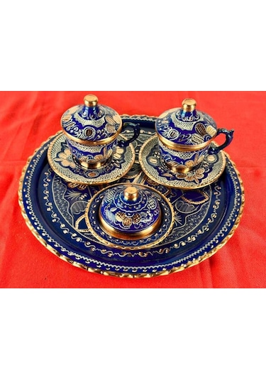 2li Bakır Fincan Takımı Ve Lokumluk Yuvarlak Tepsi