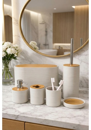 Makri Home 6 Parça Krem Banyo Seti, Bambu Detaylı, 8l Çöp Kovası 24x26x16 Cm