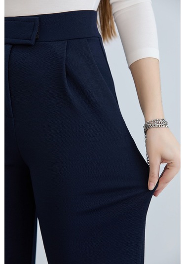 Kadın Gri Cırt Cırtlı Kapama Rahat Palazzo Likralı Esnek Beli Lastikli Pantolon Yüksek Bel Lacivert