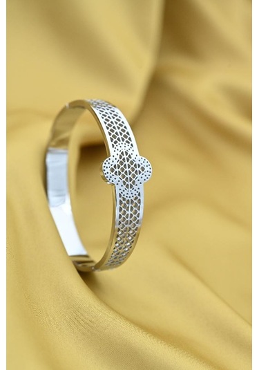 Tükkan Accessories Gümüş Desenli Kalın Kelepçe Çelik Bileklik-keztçbi41