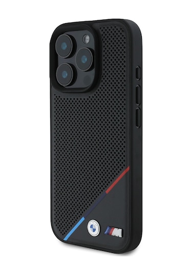 İphone Uyumlu 16 Pro Max Kılıf Bmw Lisanslı Magsafe Şarj Özellikli M Logolu Üç Çizgili Delikli Deri Siyah