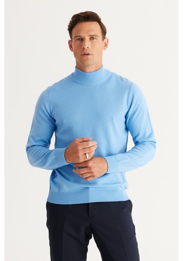 AC&Co / Altınyıldız Classics Erkek Acık Mavı Standart Fit Normal Kesim Yarım Balıkçı Yaka Triko Açık Mavi