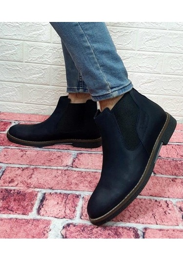 Voyager 3502 Lacivert Hakiki Deri Bilekte Lastikli Erkek Bot