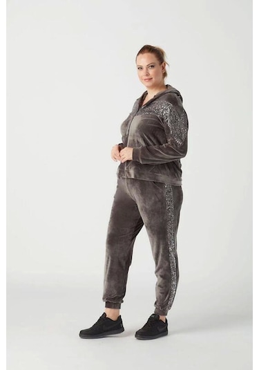 1927 Gri Tam Kalıp Tarz Kapüşonlu Kadife Büyük Beden Eşofman Takımı Gri