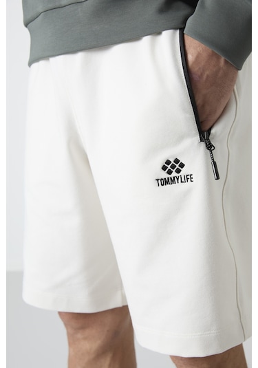 Tommylife Tommy Life Ekru Gizli Fermuar Arka Cepli Bağcıklı Standart Kalıp Erkek Şort - 81136 Ekru